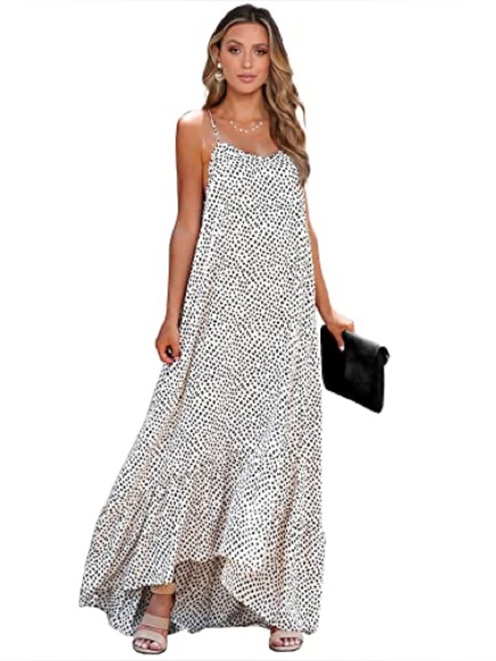 White and Black Speckled Spaghetti Strap Maxi Dress